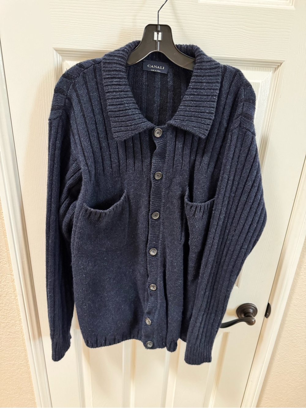 Canali Men's Dark Navy Ribbed Button Cardigan 100% wool made in Italy